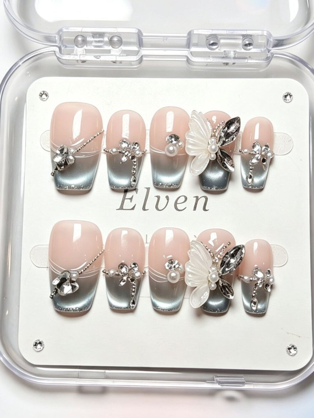 Handmade Short Coffin Press On Nails Nude Teal Cat Eye Butterfly Rhinestone
